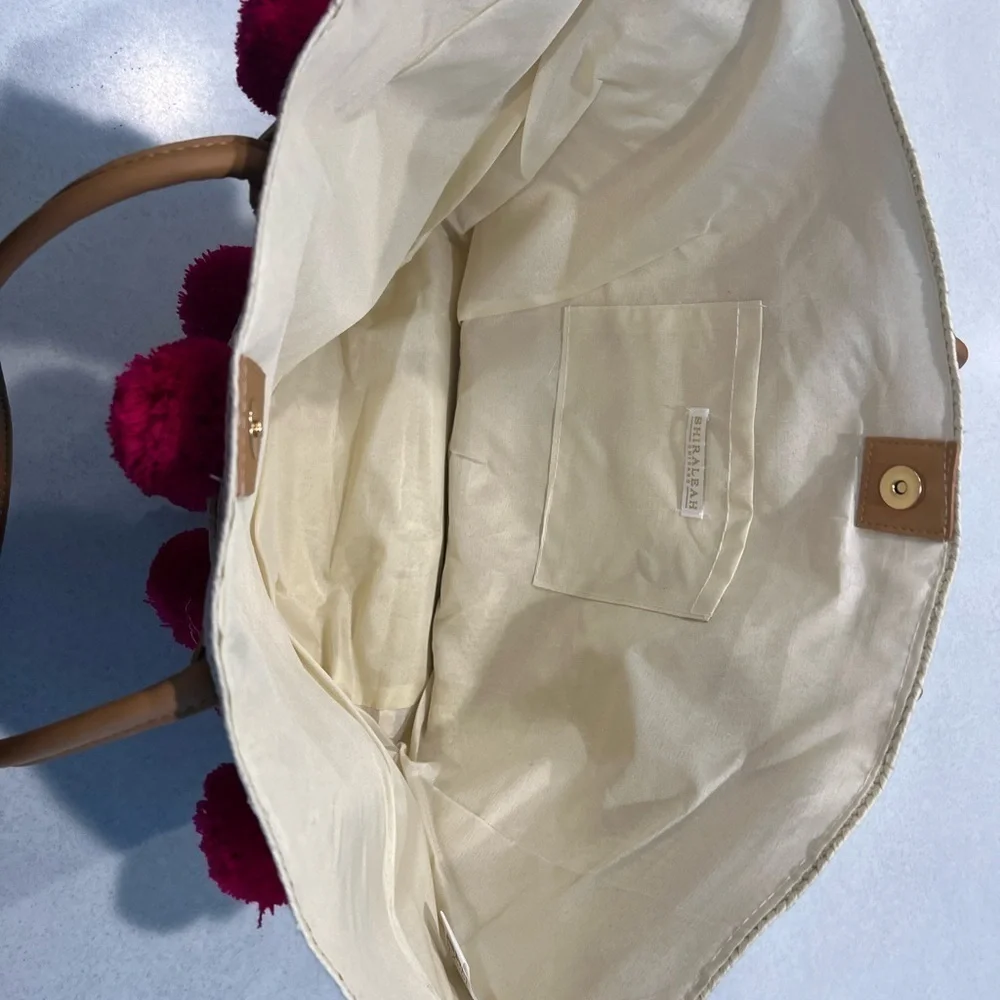 Ani Evry by Shiraleah Cream Beach Tote With Cute Fuchsia Color Poms